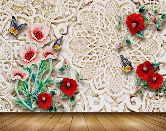 Avikalp MWZ1795 Red Flowers Butterflies 3D HD Wallpaper