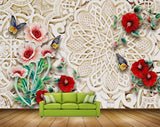 Avikalp MWZ1795 Red Flowers Butterflies 3D HD Wallpaper