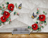 Avikalp MWZ1796 Red Rose Flowers Butterflies 3D HD Wallpaper