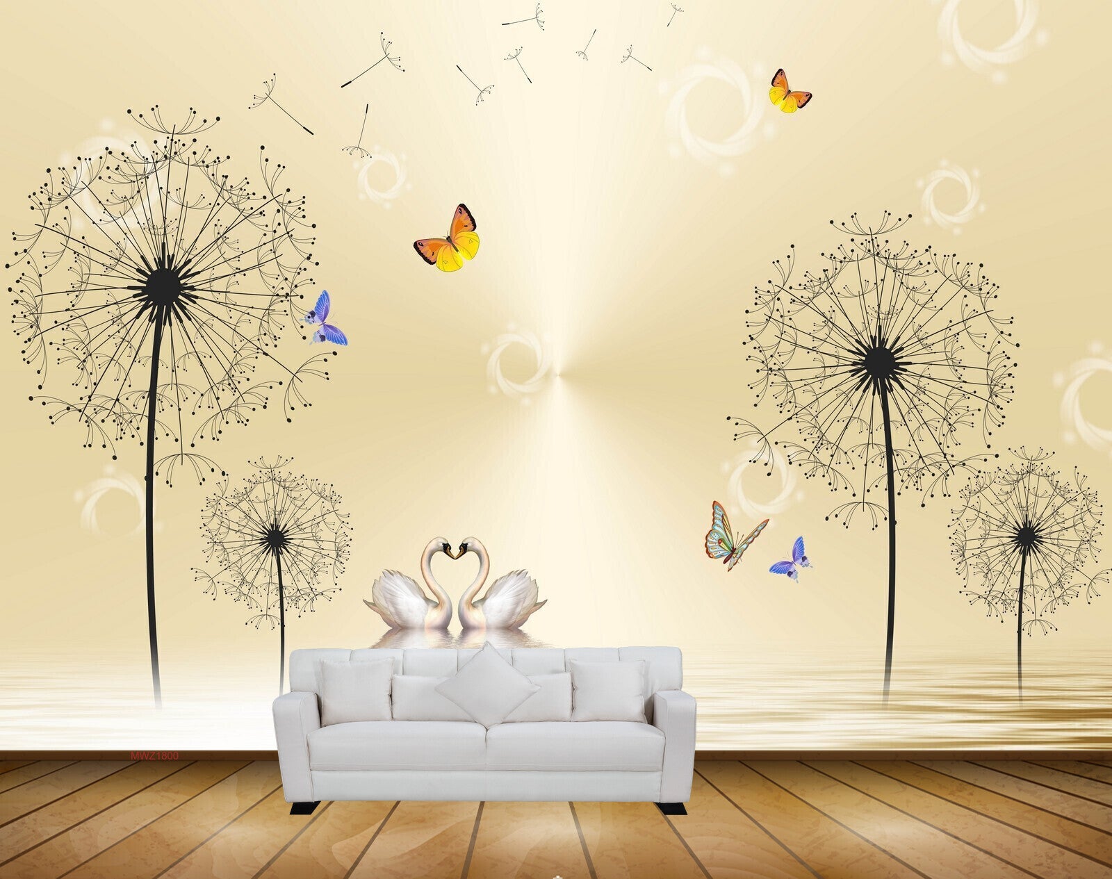 Avikalp MWZ1800 White Flowers Swans Butterflies HD Wallpaper