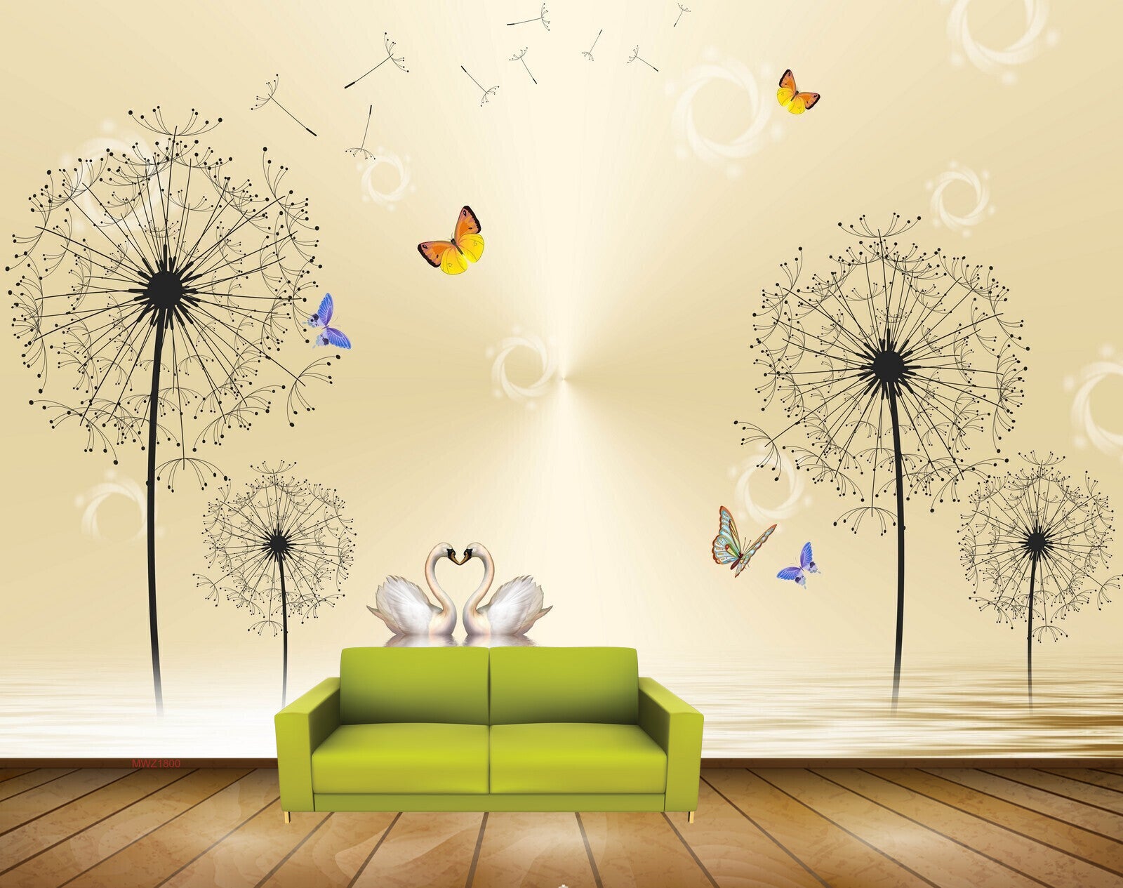 Avikalp MWZ1800 White Flowers Swans Butterflies 3D HD Wallpaper