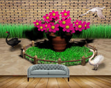 Avikalp MWZ1801 Pink Flowers Ducks HD Wallpaper