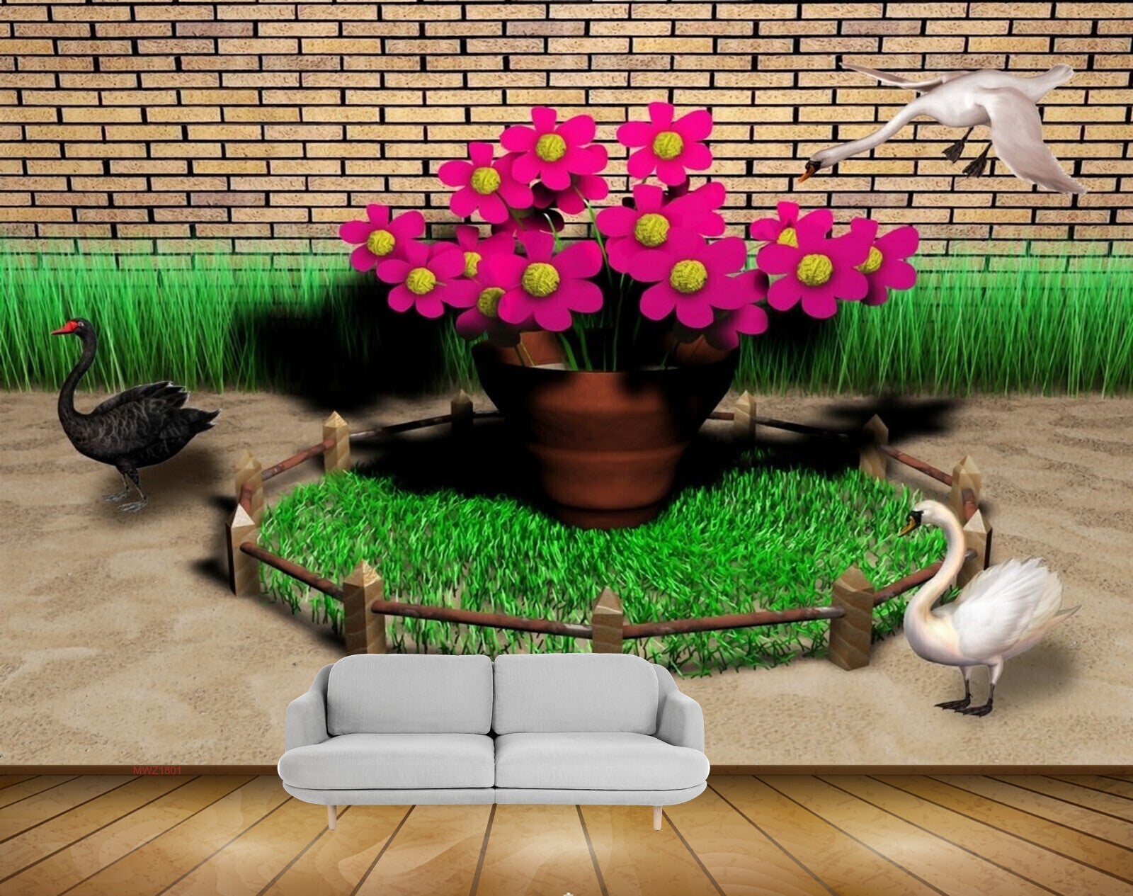 Avikalp MWZ1801 Pink Flowers Ducks 3D HD Wallpaper