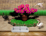 Avikalp MWZ1801 Pink Flowers Ducks 3D HD Wallpaper
