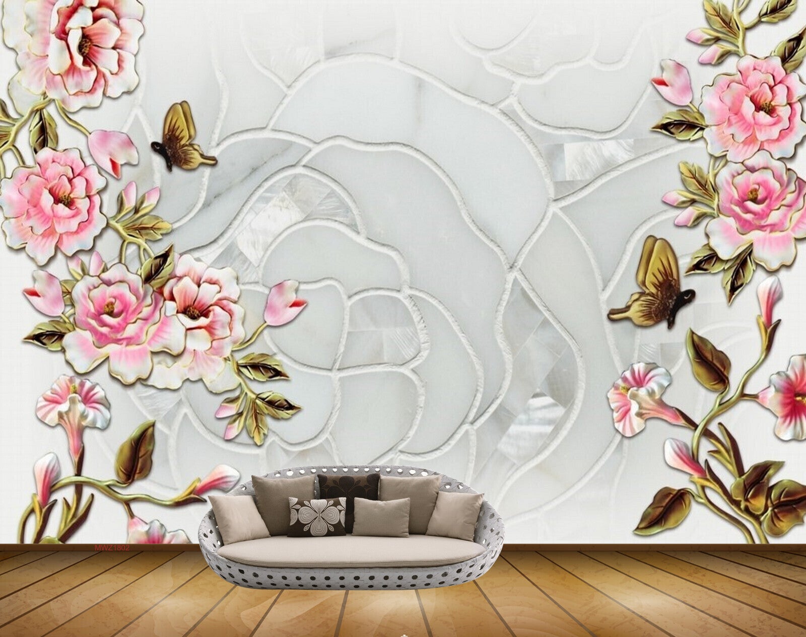 Avikalp MWZ1802 Pink White Flowers Butterflies 3D HD Wallpaper
