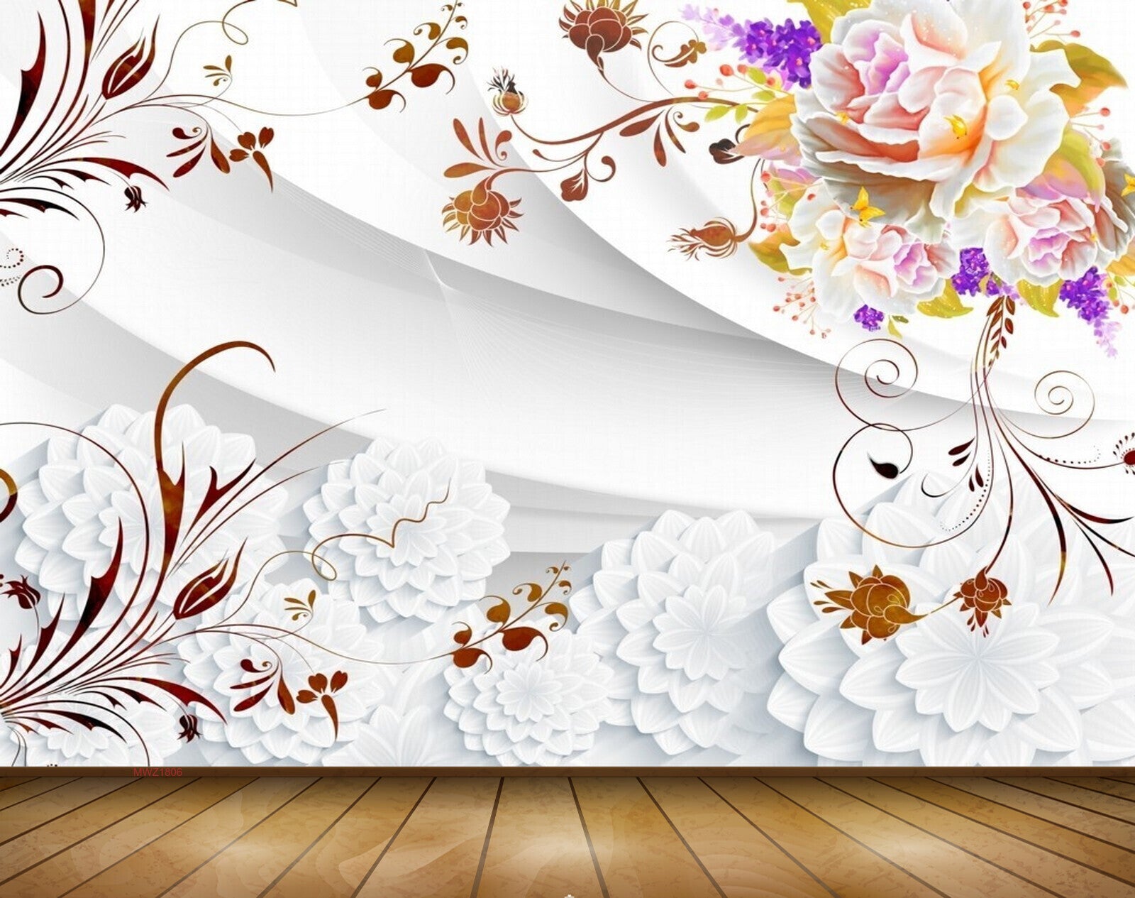 Avikalp MWZ1806 Purple White Flowers Leaves 3D HD Wallpaper