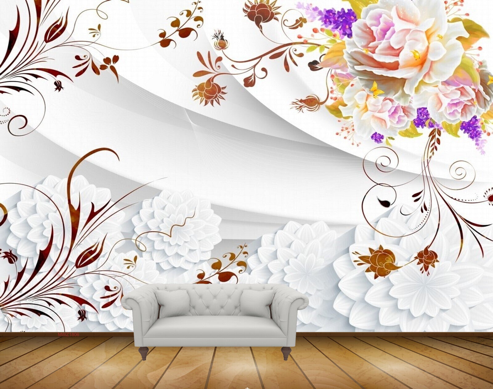 Avikalp MWZ1806 Purple White Flowers Leaves 3D HD Wallpaper