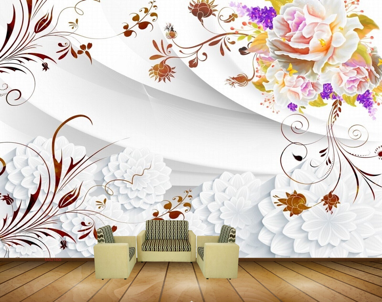 Avikalp MWZ1806 Purple White Flowers Leaves 3D HD Wallpaper