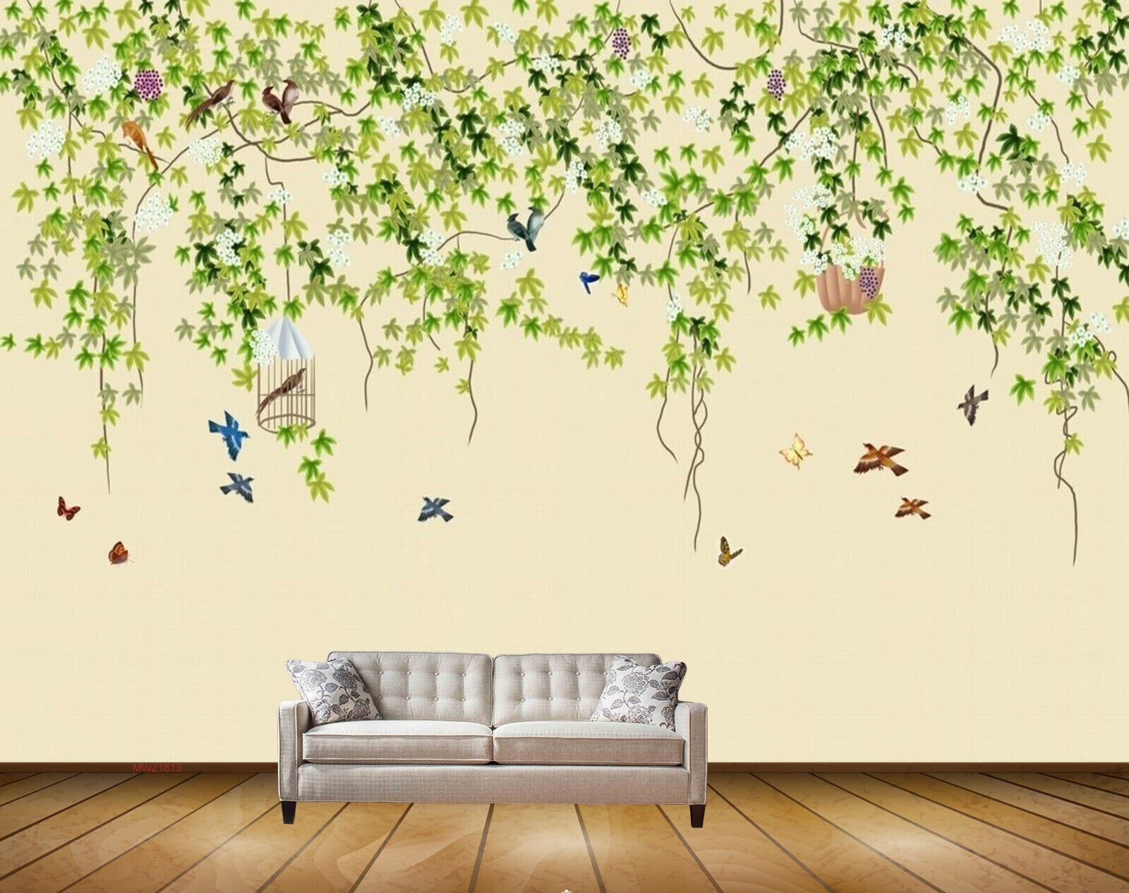 Avikalp MWZ1813 Birds Creepers Cage Butterflies HD Wallpaper