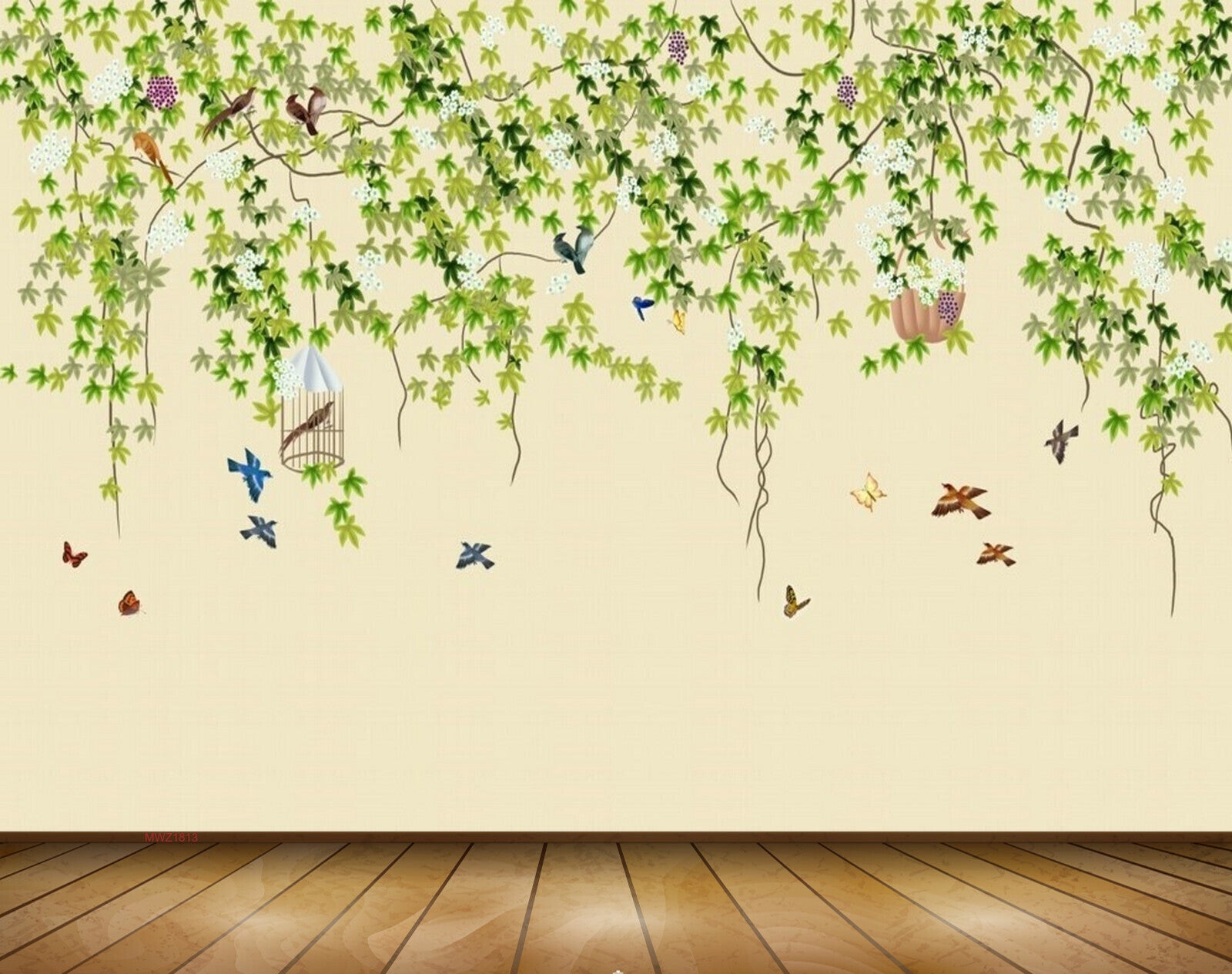 Avikalp MWZ1813 Birds Creepers Cage Butterflies 3D HD Wallpaper