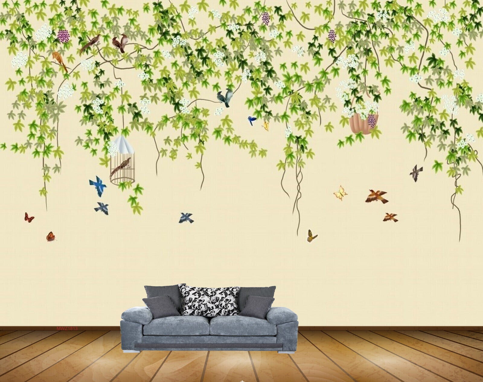 Avikalp MWZ1813 Birds Creepers Cage Butterflies 3D HD Wallpaper