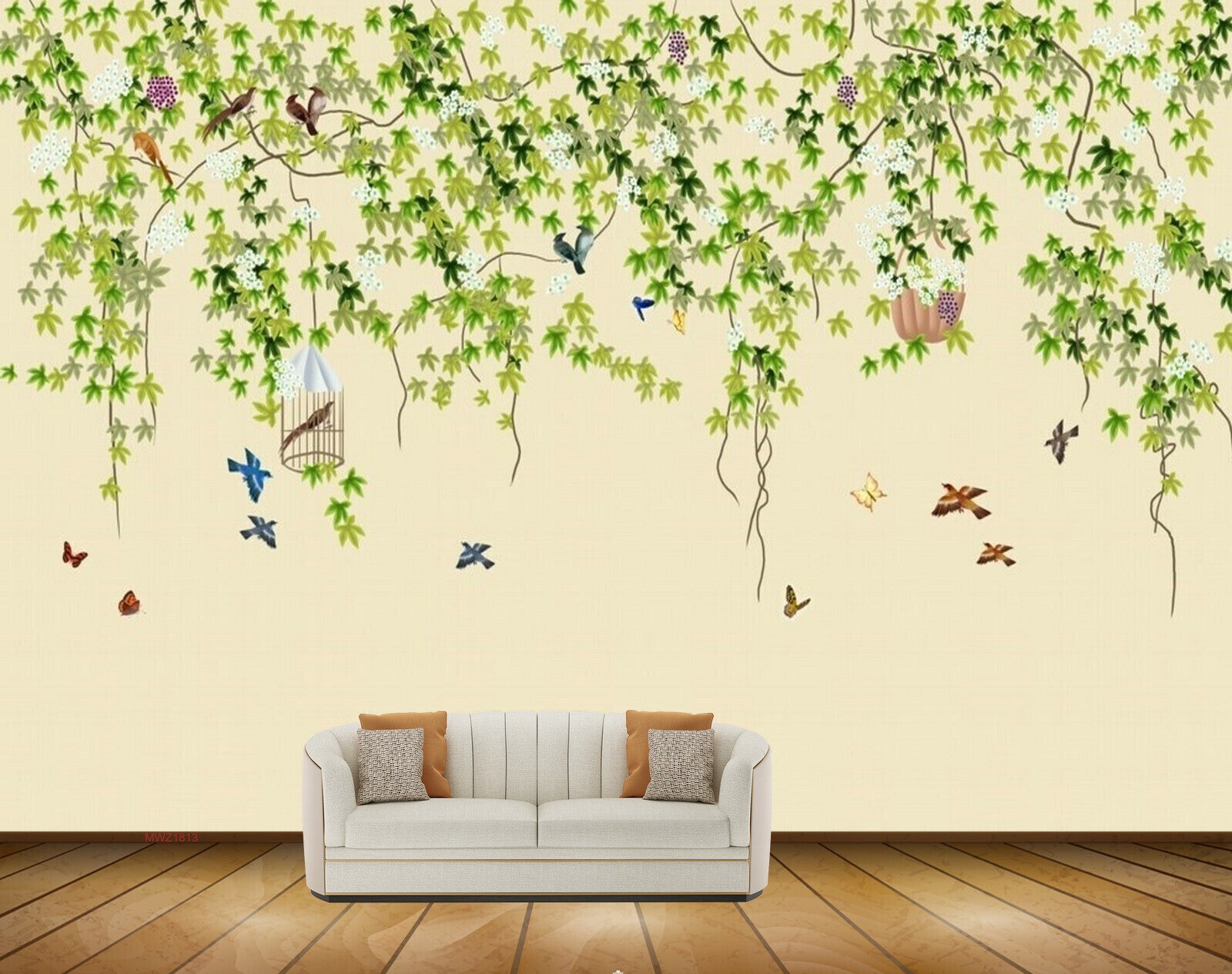 Avikalp MWZ1813 Birds Creepers Cage Butterflies 3D HD Wallpaper