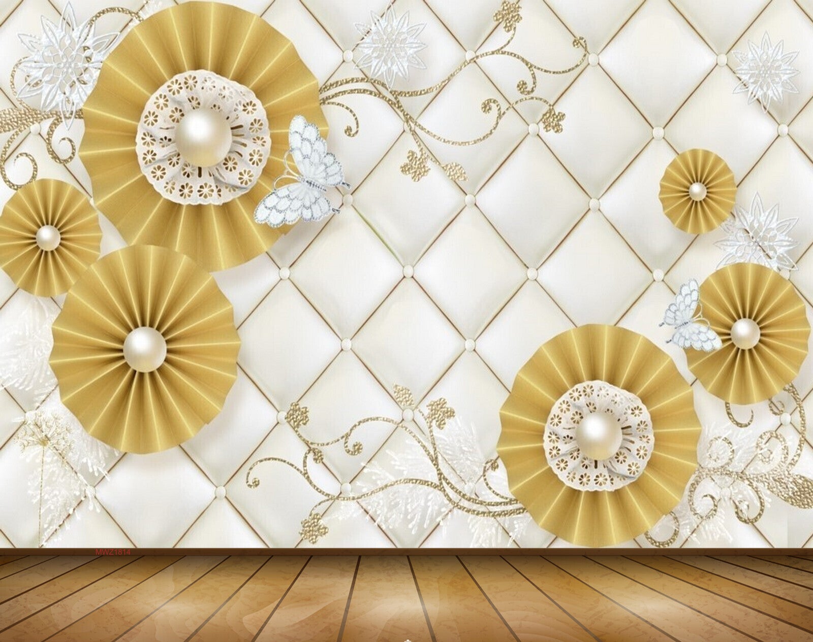 Avikalp MWZ1814 Golden Pearl Flowers 3D HD Wallpaper