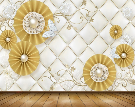 Avikalp MWZ1814 Golden Pearl Flowers 3D HD Wallpaper