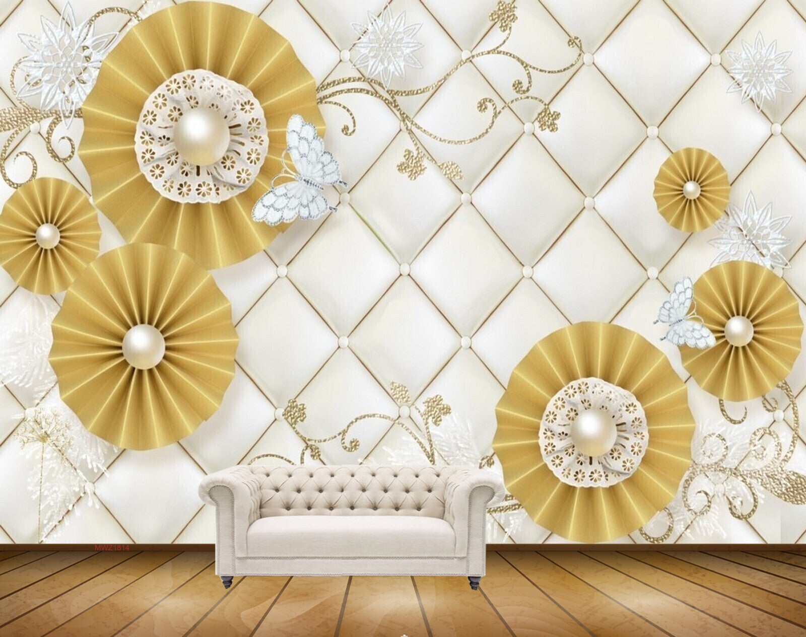Avikalp MWZ1814 Golden Pearl Flowers 3D HD Wallpaper