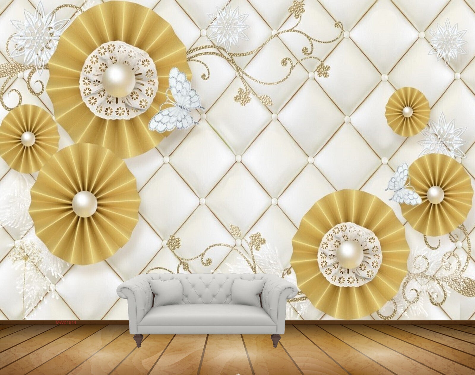 Avikalp MWZ1814 Golden Pearl Flowers 3D HD Wallpaper