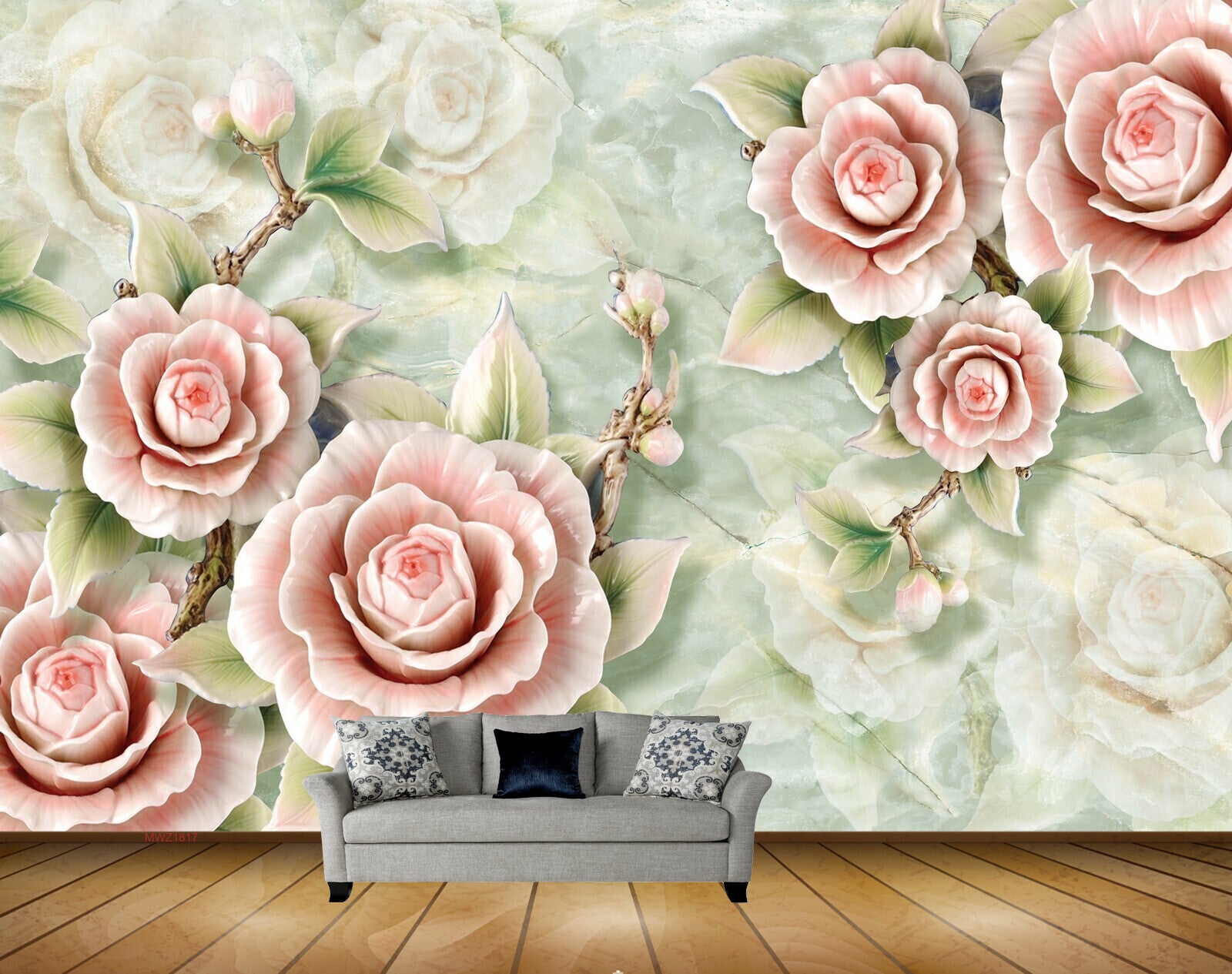 Avikalp MWZ1817 Pink Flowers Leaves 3D HD Wallpaper
