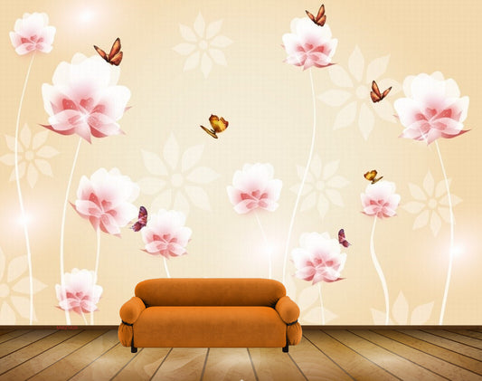 Avikalp MWZ1826 Pink White Flowers Butterflies HD Wallpaper