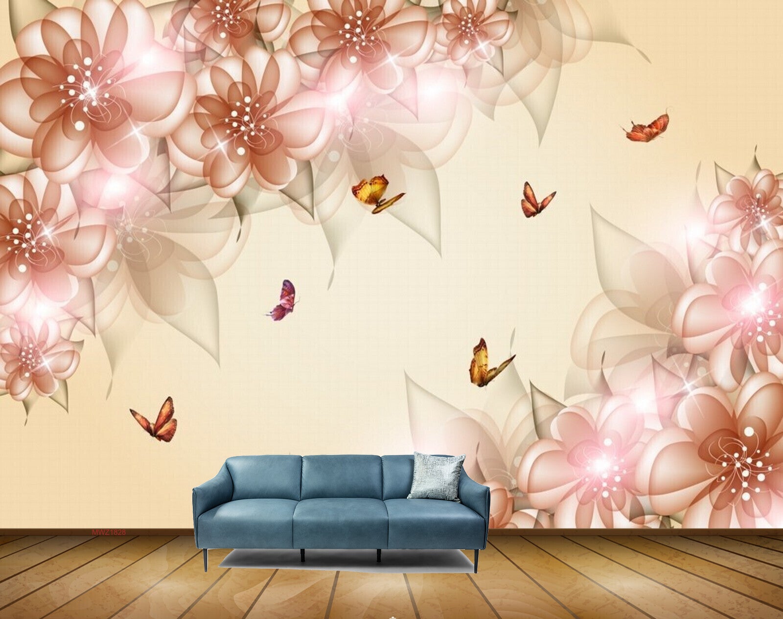 Avikalp MWZ1828 Peach Flowers Butterflies HD Wallpaper