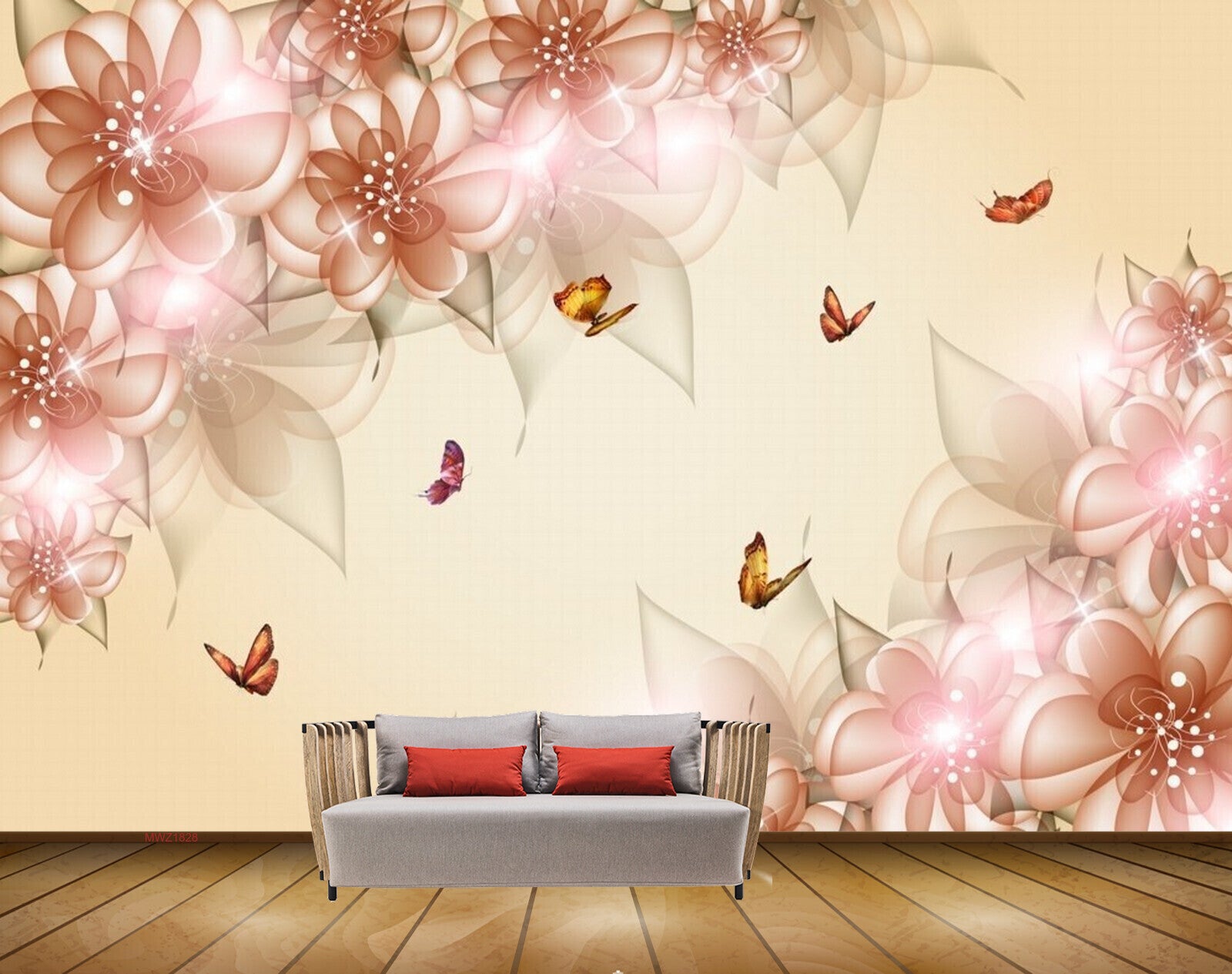 Avikalp MWZ1828 Peach Flowers Butterflies 3D HD Wallpaper