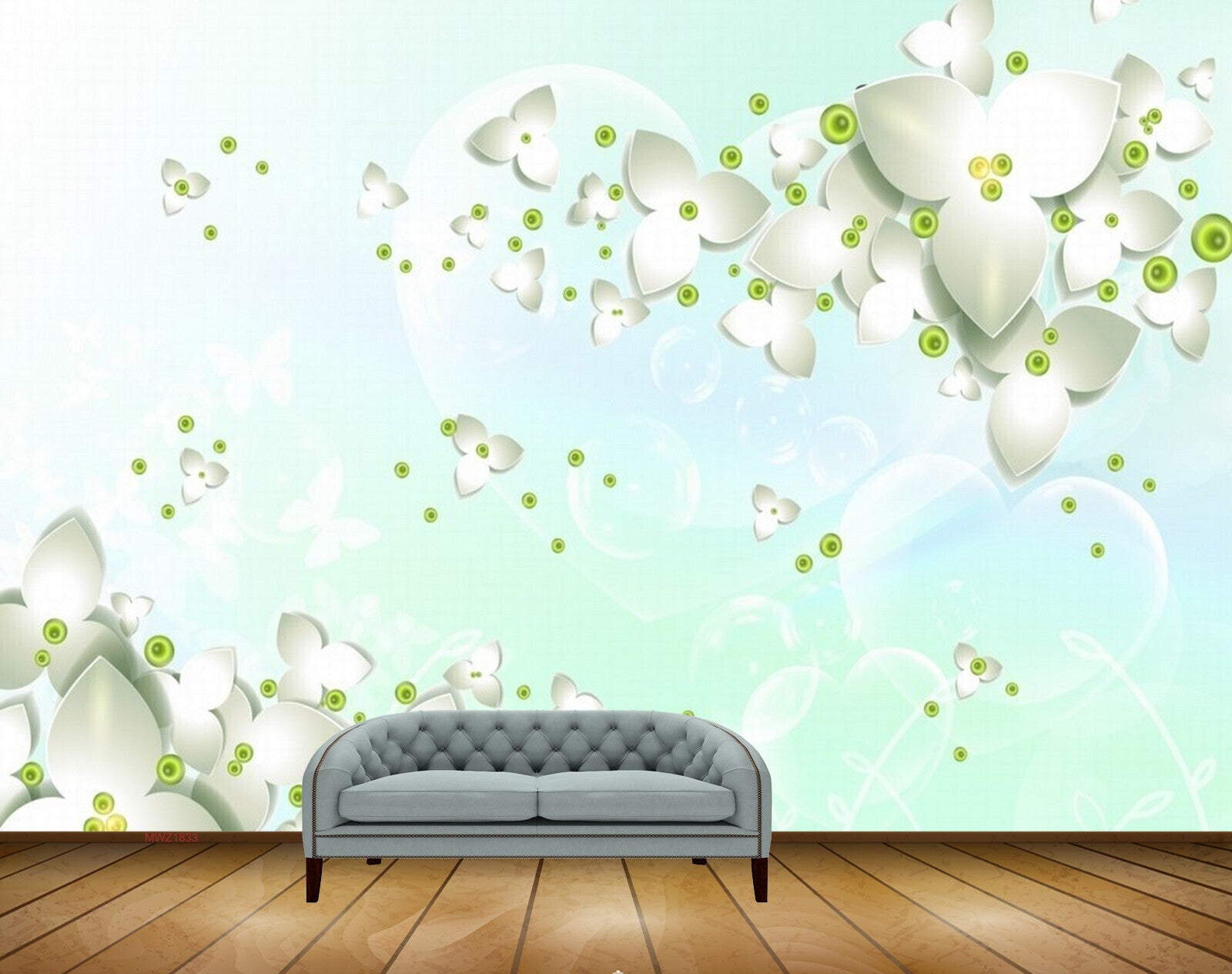 Avikalp MWZ1833 White Green Flowers HD Wallpaper