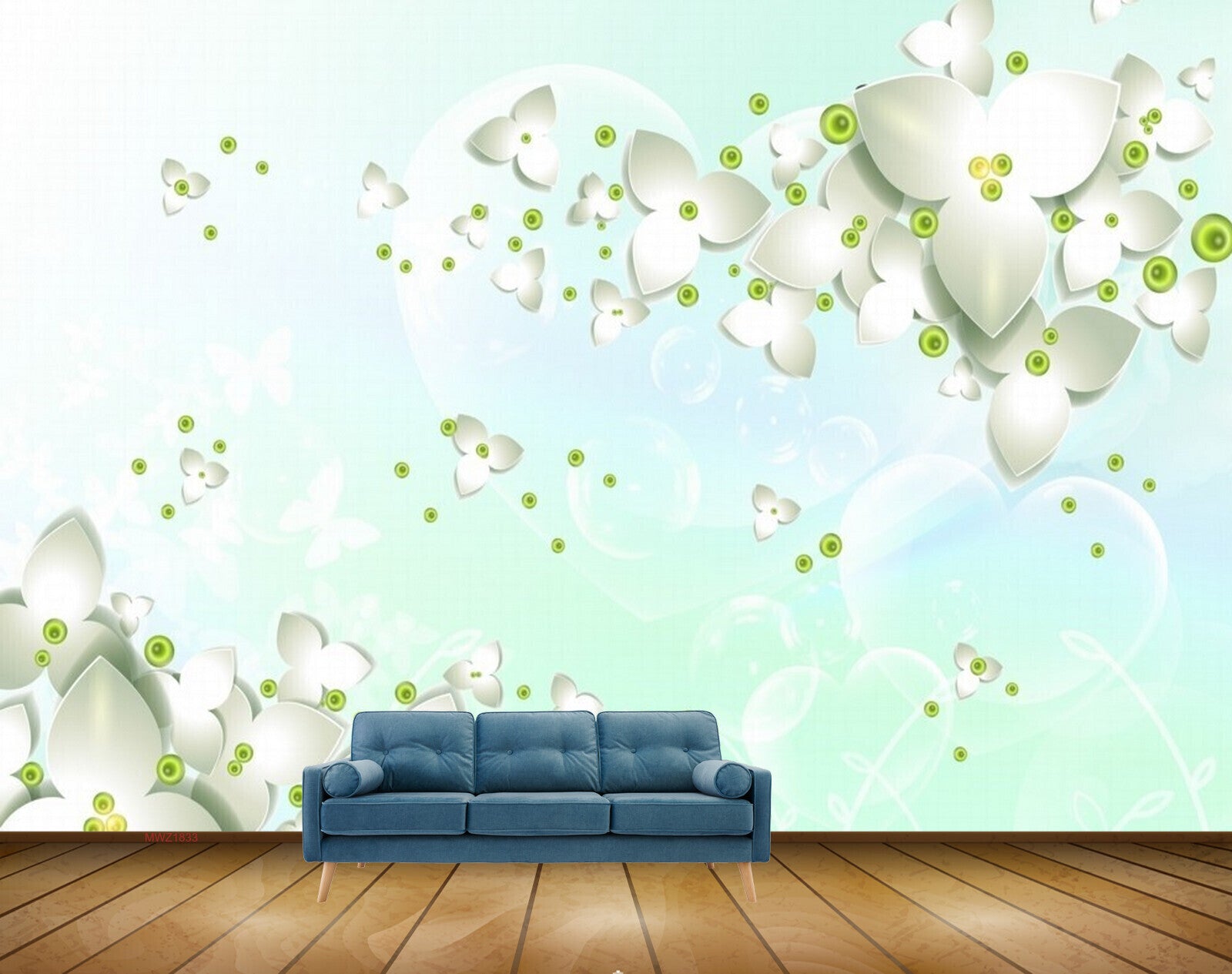 Avikalp MWZ1833 White Green Flowers 3D HD Wallpaper