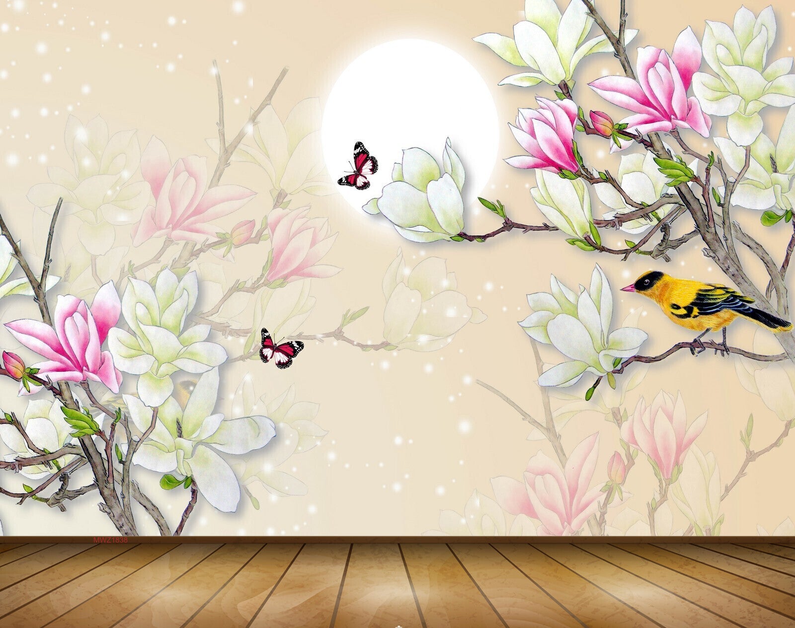 Avikalp MWZ1838 White Pink Flowers Birds Butterflies 3D HD Wallpaper