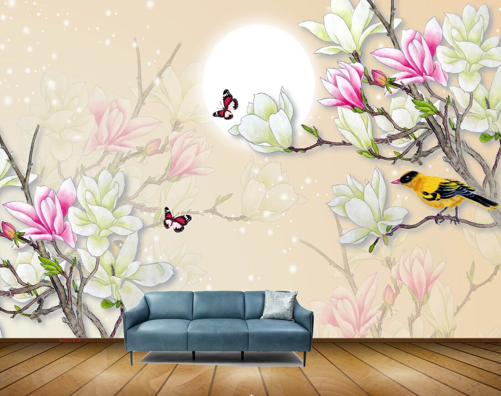 Avikalp MWZ1838 White Pink Flowers Birds Butterflies 3D HD Wallpaper