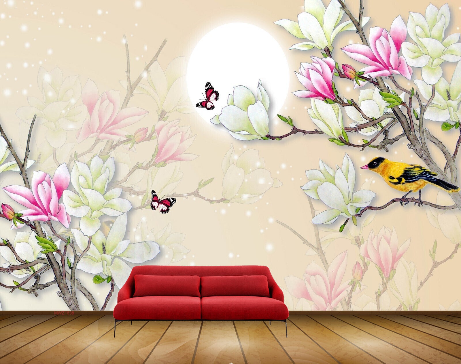 Avikalp MWZ1838 White Pink Flowers Birds Butterflies 3D HD Wallpaper