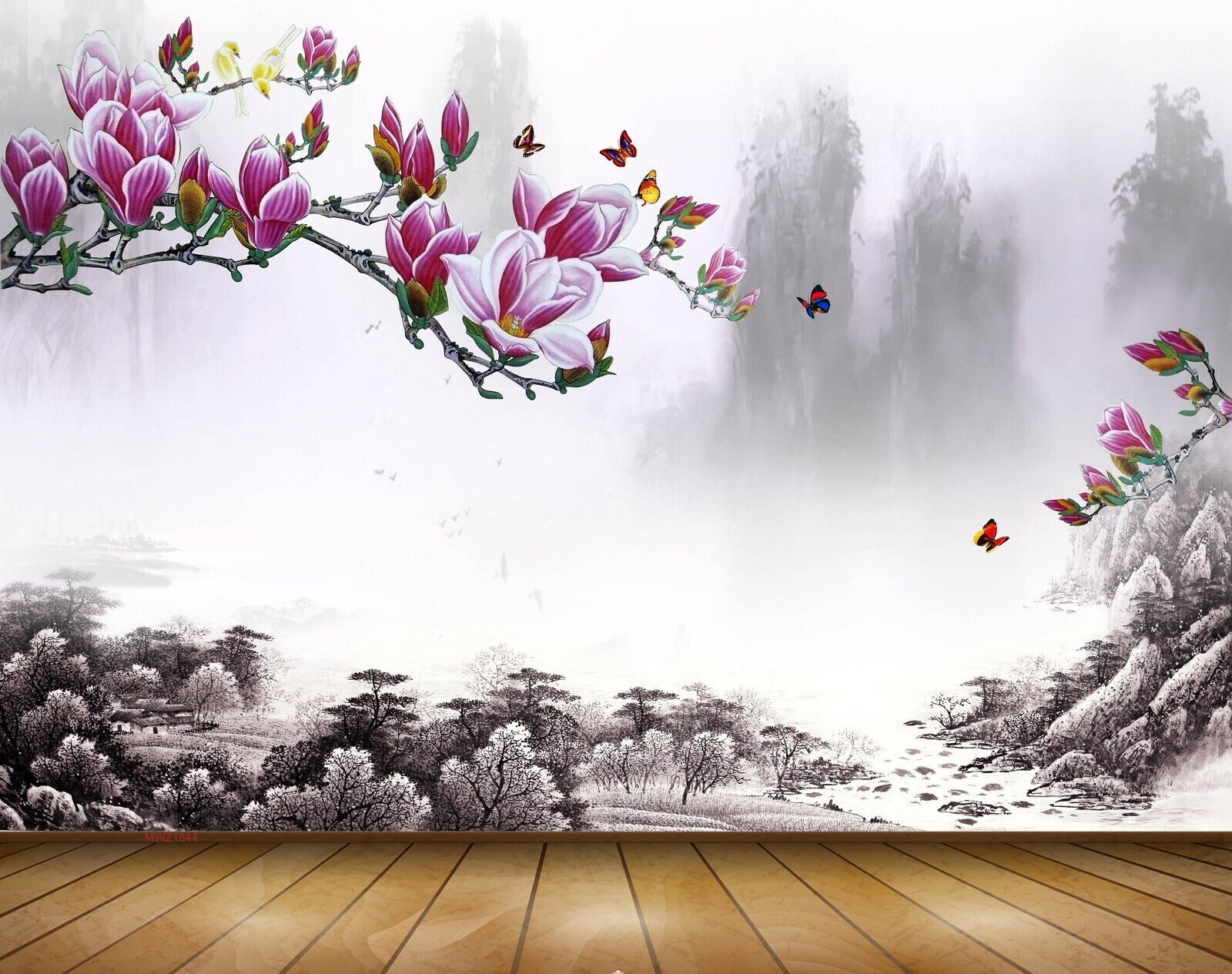 Avikalp MWZ1844 Pink White Flowers Birds Butterflies 3D HD Wallpaper