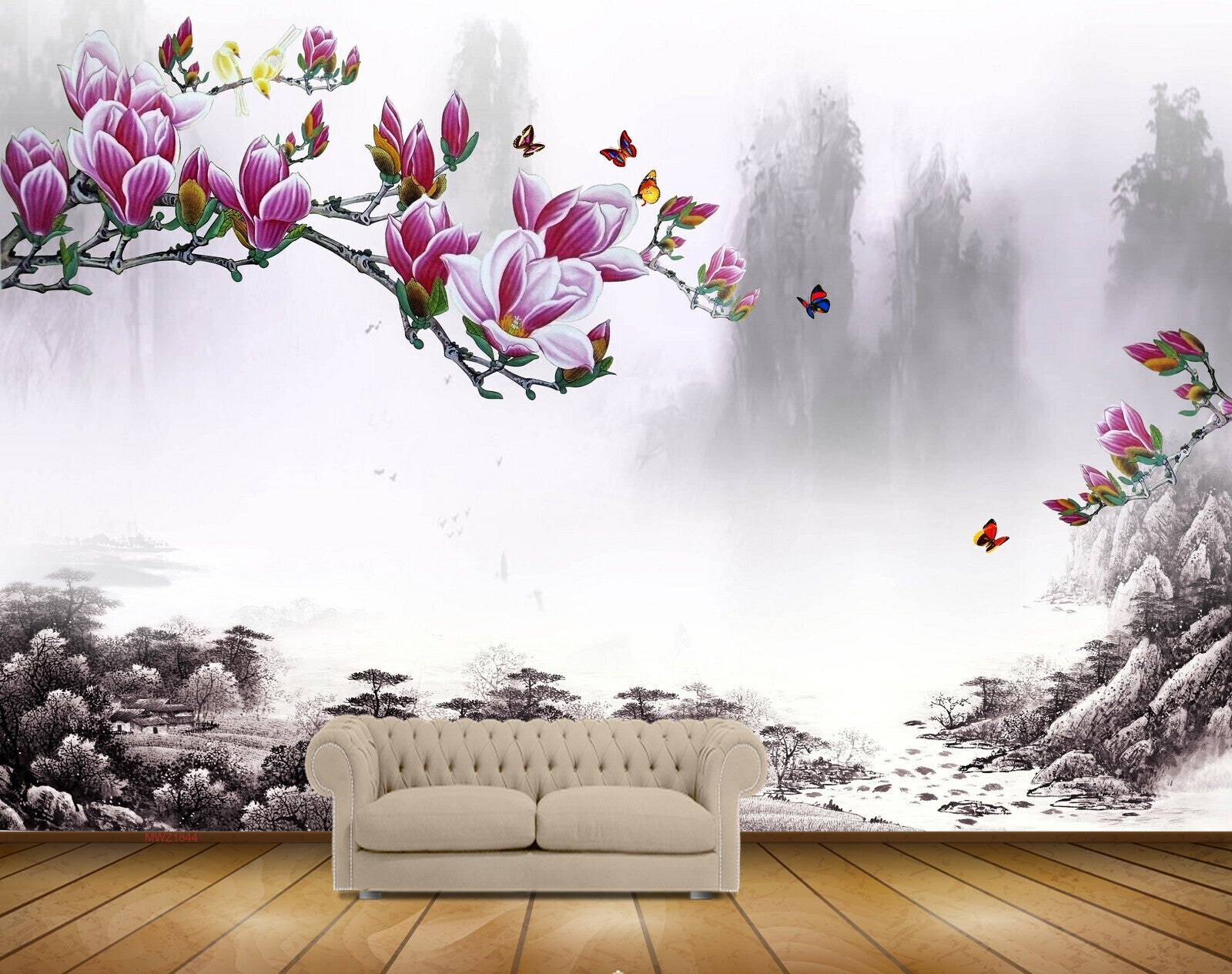 Avikalp MWZ1844 Pink White Flowers Birds Butterflies 3D HD Wallpaper