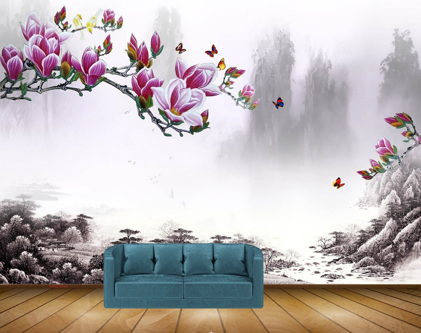Avikalp MWZ1844 Pink White Flowers Birds Butterflies 3D HD Wallpaper