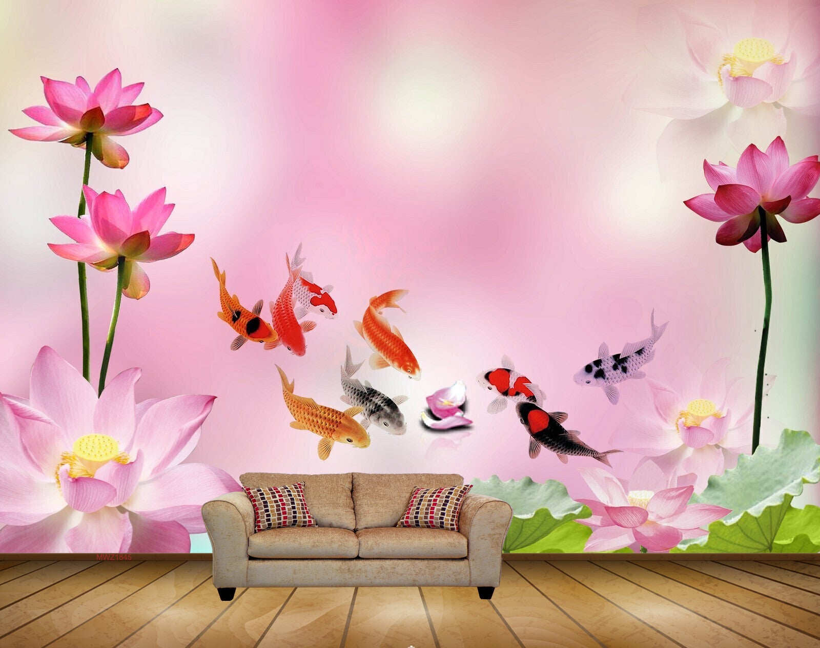 Avikalp MWZ1845 Pink Flowers Fishes 3D HD Wallpaper