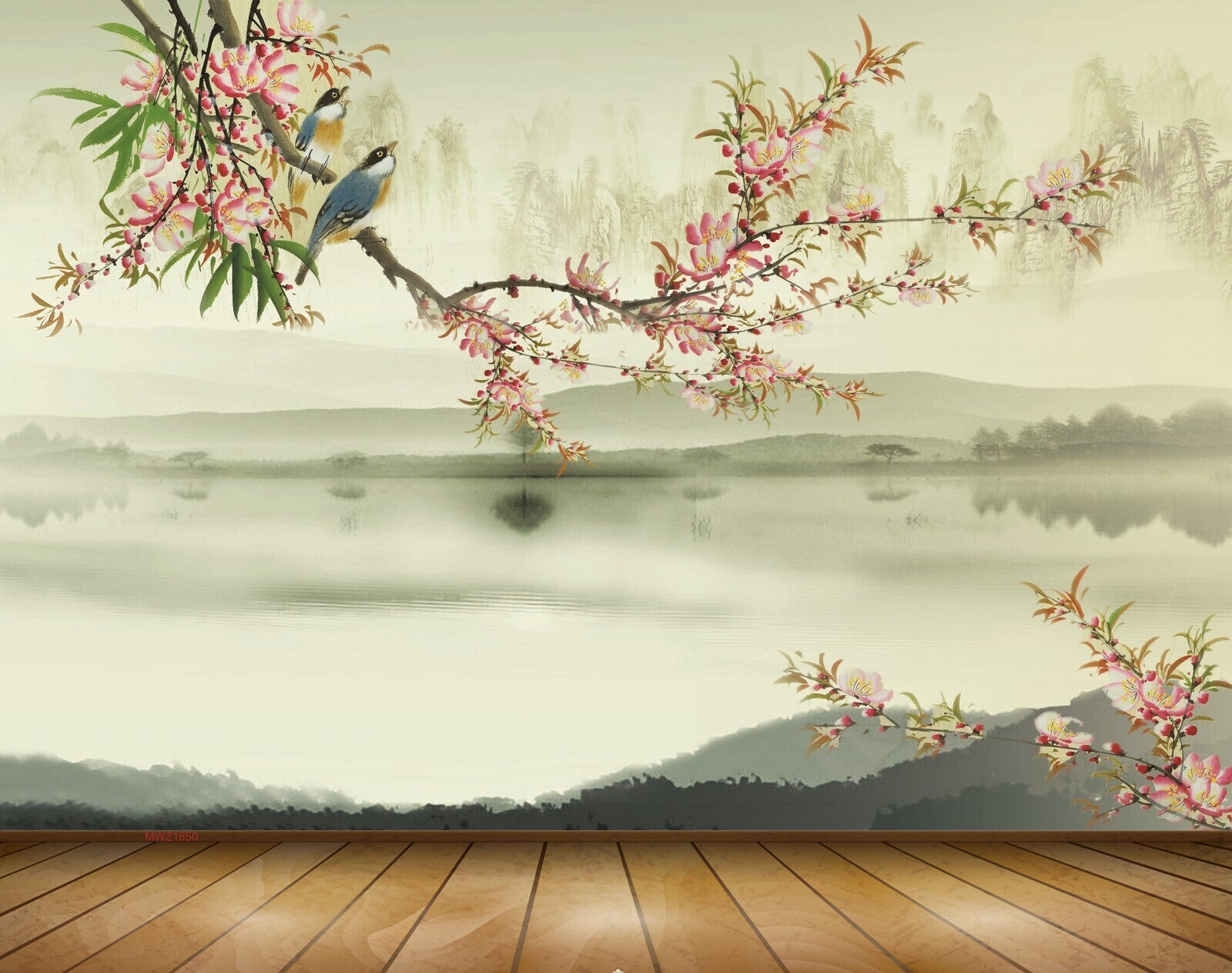 Avikalp MWZ1850 Pink White Flowers River Branch Birds 3D HD Wallpaper