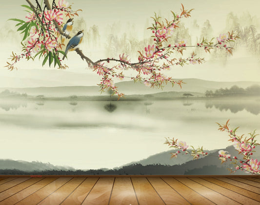 Avikalp MWZ1850 Pink White Flowers River Branch Birds 3D HD Wallpaper