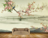 Avikalp MWZ1850 Pink White Flowers River Branch Birds 3D HD Wallpaper