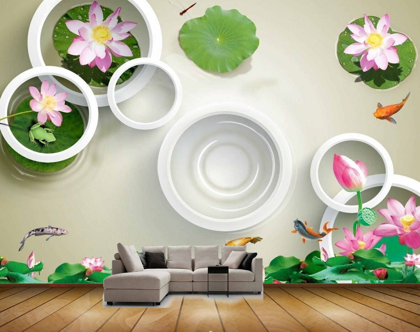 Avikalp MWZ1851 White Pink Flowers Fishes HD Wallpaper