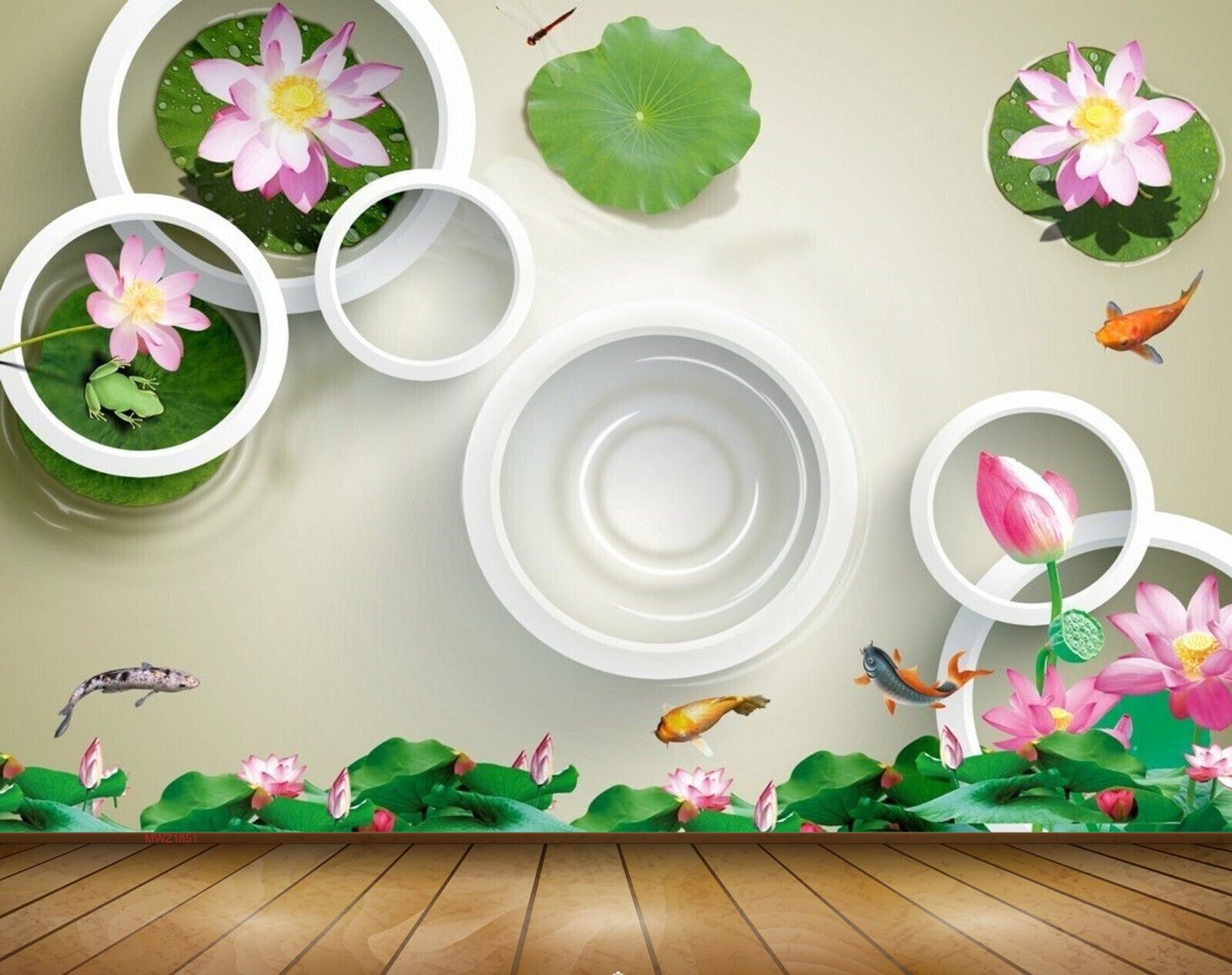 Avikalp MWZ1851 White Pink Flowers Fishes 3D HD Wallpaper