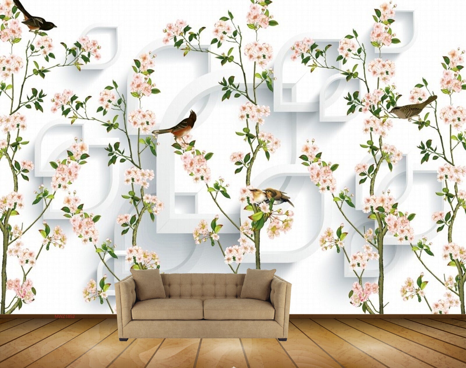 Avikalp MWZ1852 White Flowers Birds HD Wallpaper