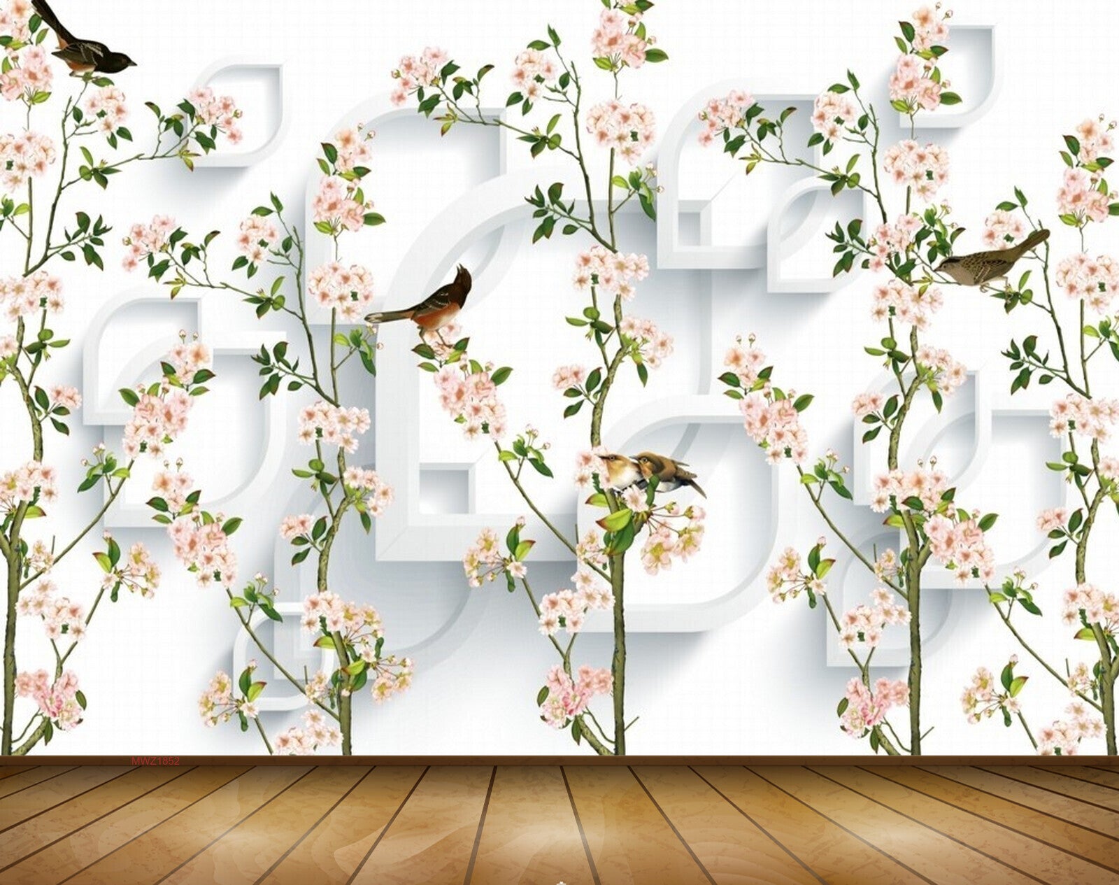 Avikalp MWZ1852 White Flowers Birds 3D HD Wallpaper