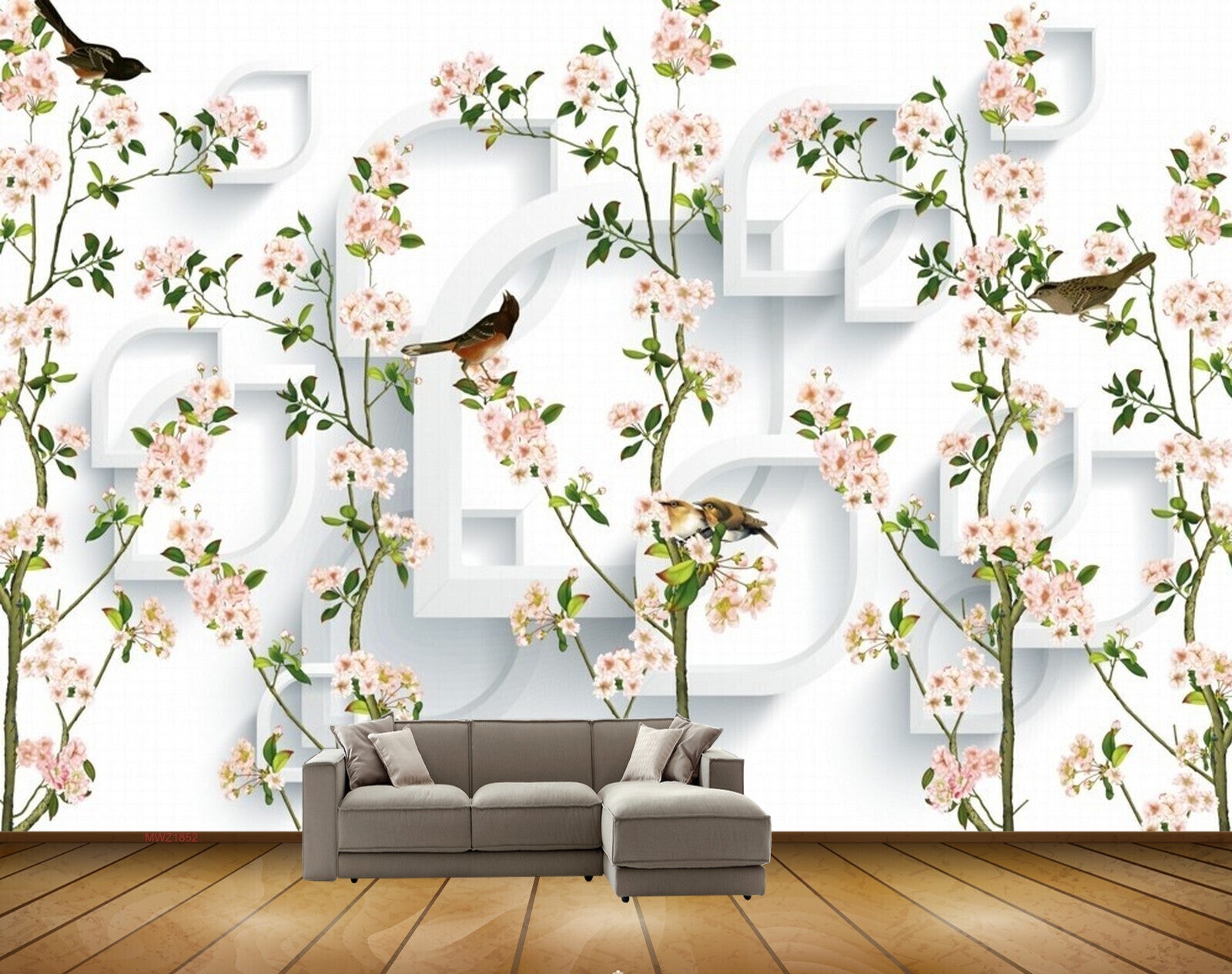 Avikalp MWZ1852 White Flowers Birds 3D HD Wallpaper