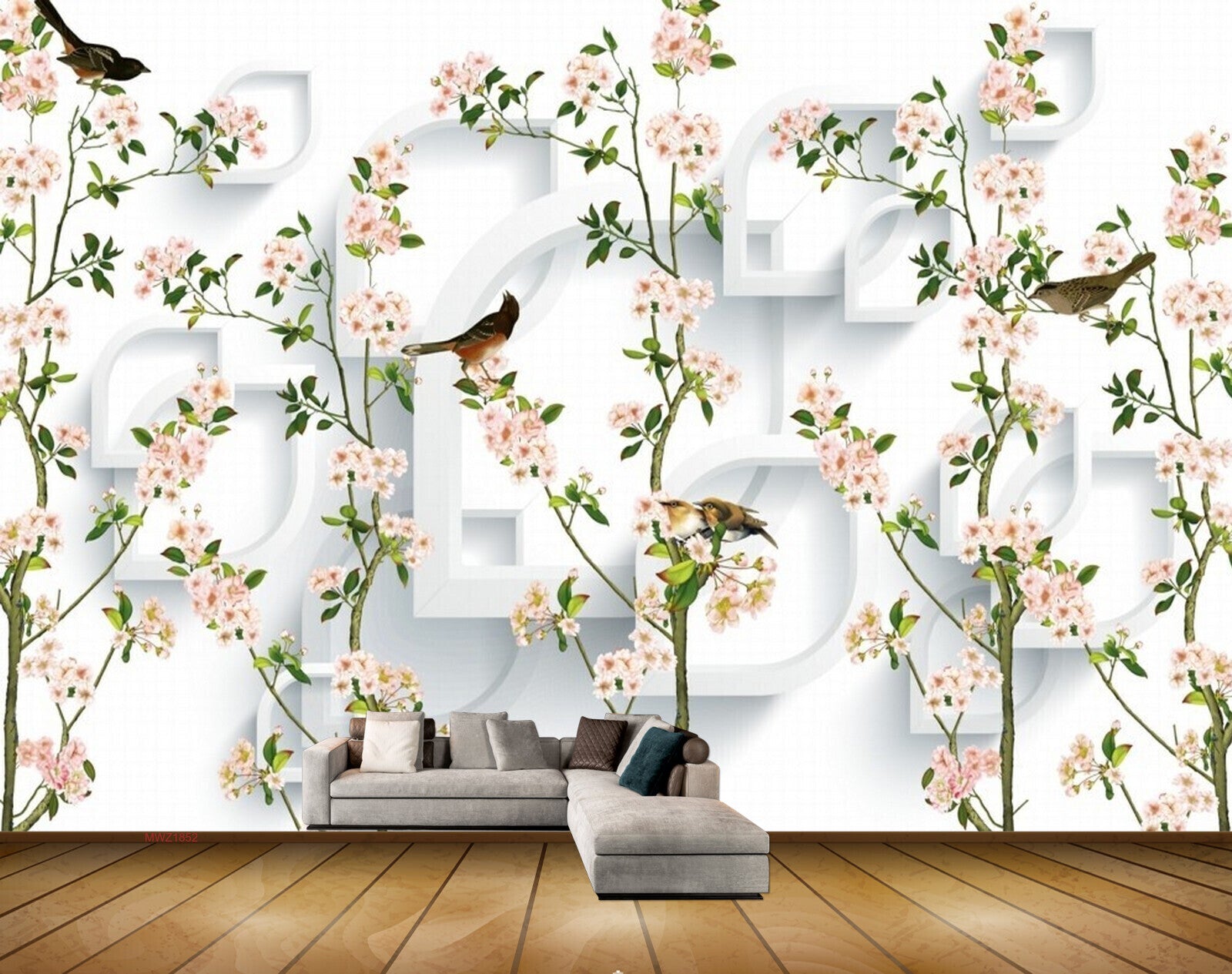 Avikalp MWZ1852 White Flowers Birds 3D HD Wallpaper