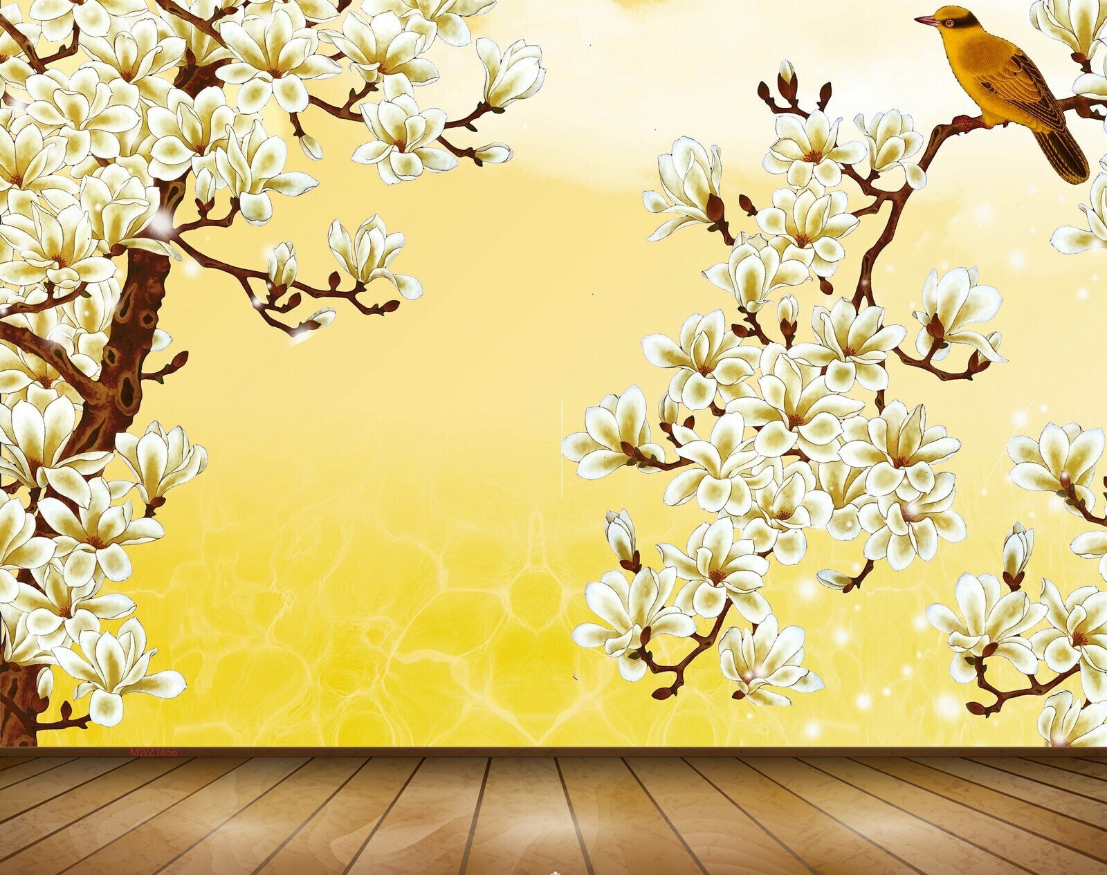 Avikalp MWZ1856 White Golden Flowers Bird 3D HD Wallpaper