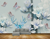 Avikalp MWZ1857 White Blue Flowers Butterflies Deer HD Wallpaper
