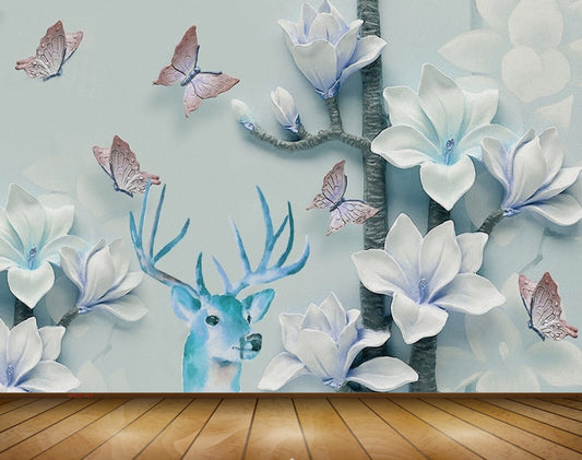 Avikalp MWZ1857 White Blue Flowers Butterflies Deer 3D HD Wallpaper