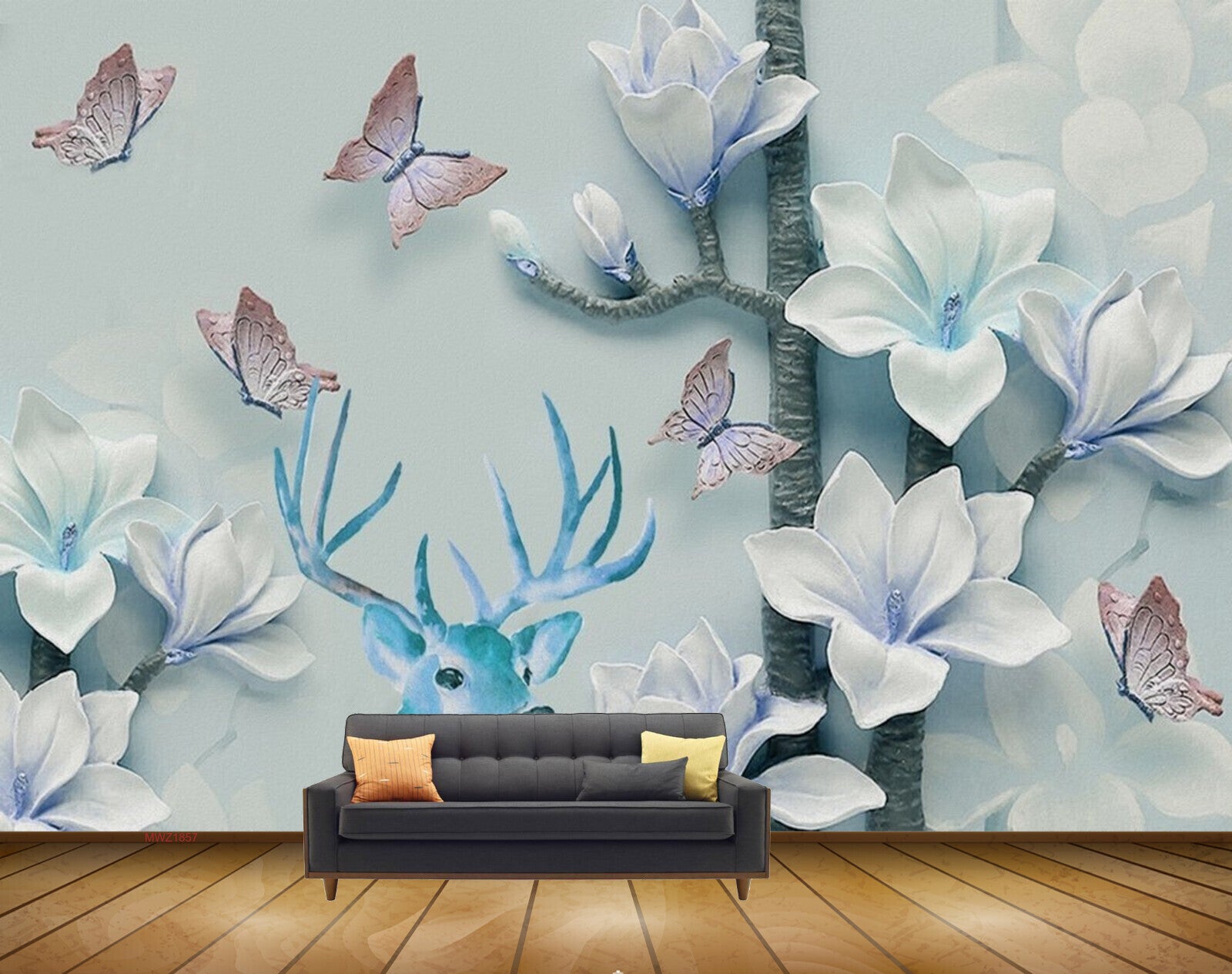 Avikalp MWZ1857 White Blue Flowers Butterflies Deer 3D HD Wallpaper