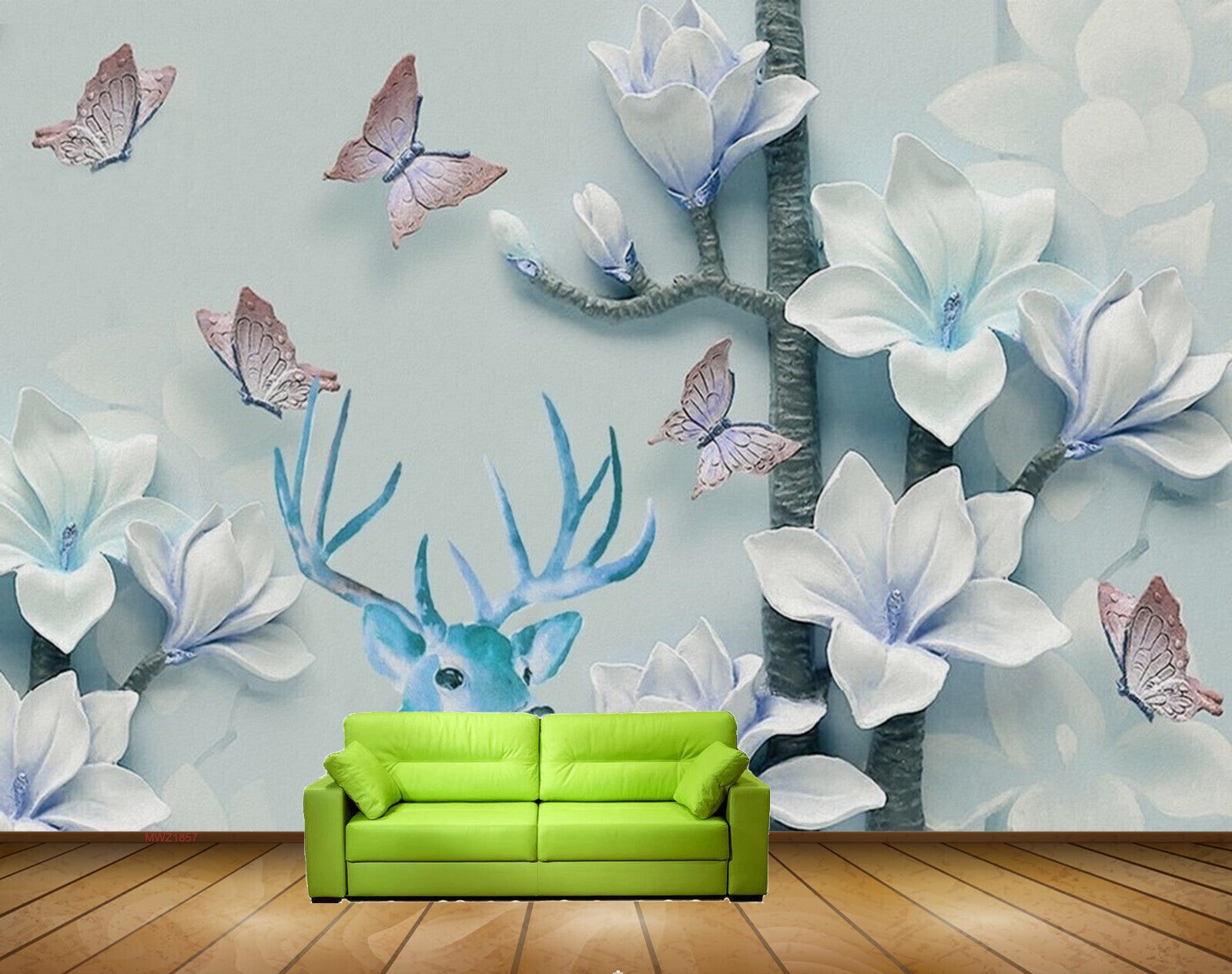 Avikalp MWZ1857 White Blue Flowers Butterflies Deer 3D HD Wallpaper