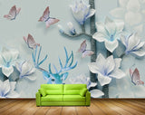 Avikalp MWZ1857 White Blue Flowers Butterflies Deer 3D HD Wallpaper