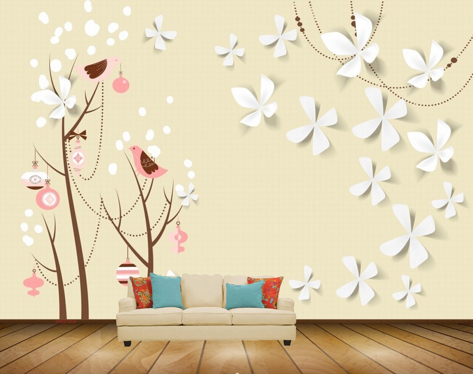 Avikalp MWZ1859 White Flowers Birds Plants 3D HD Wallpaper