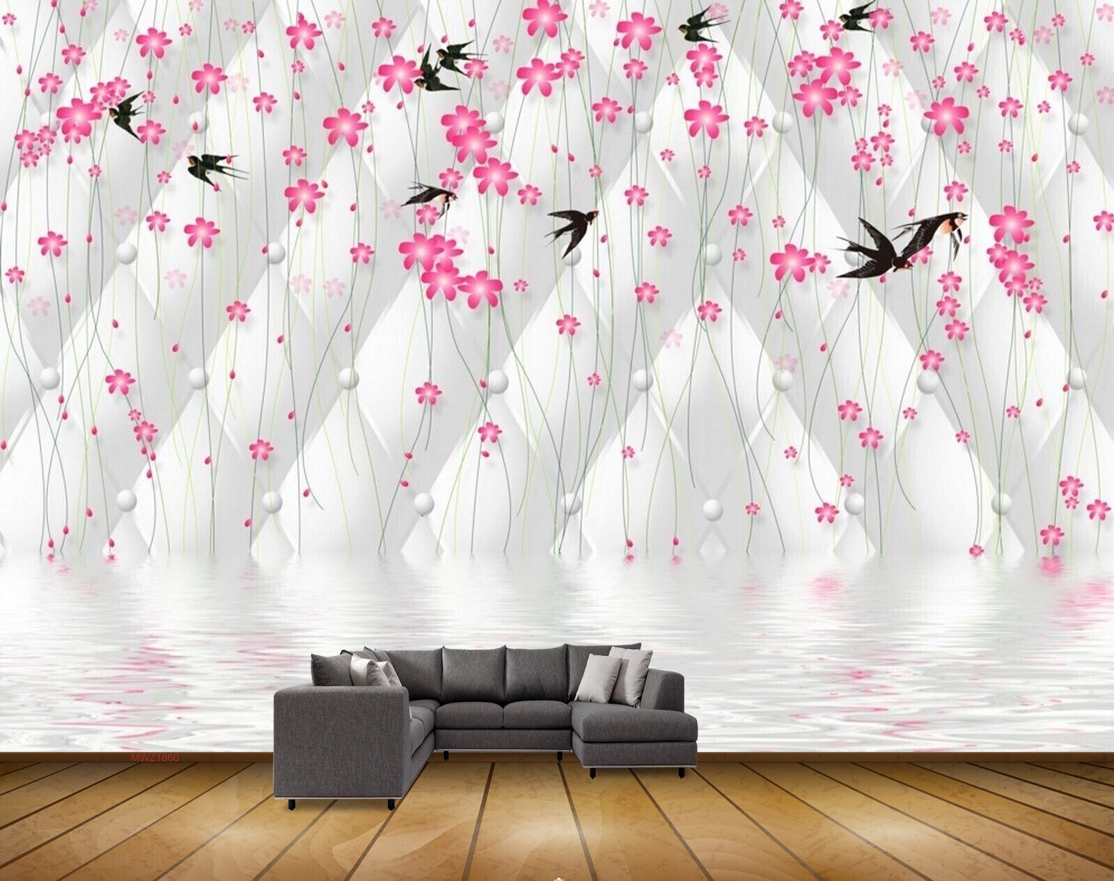 Avikalp MWZ1860 Pink Flowers Birds 3D HD Wallpaper